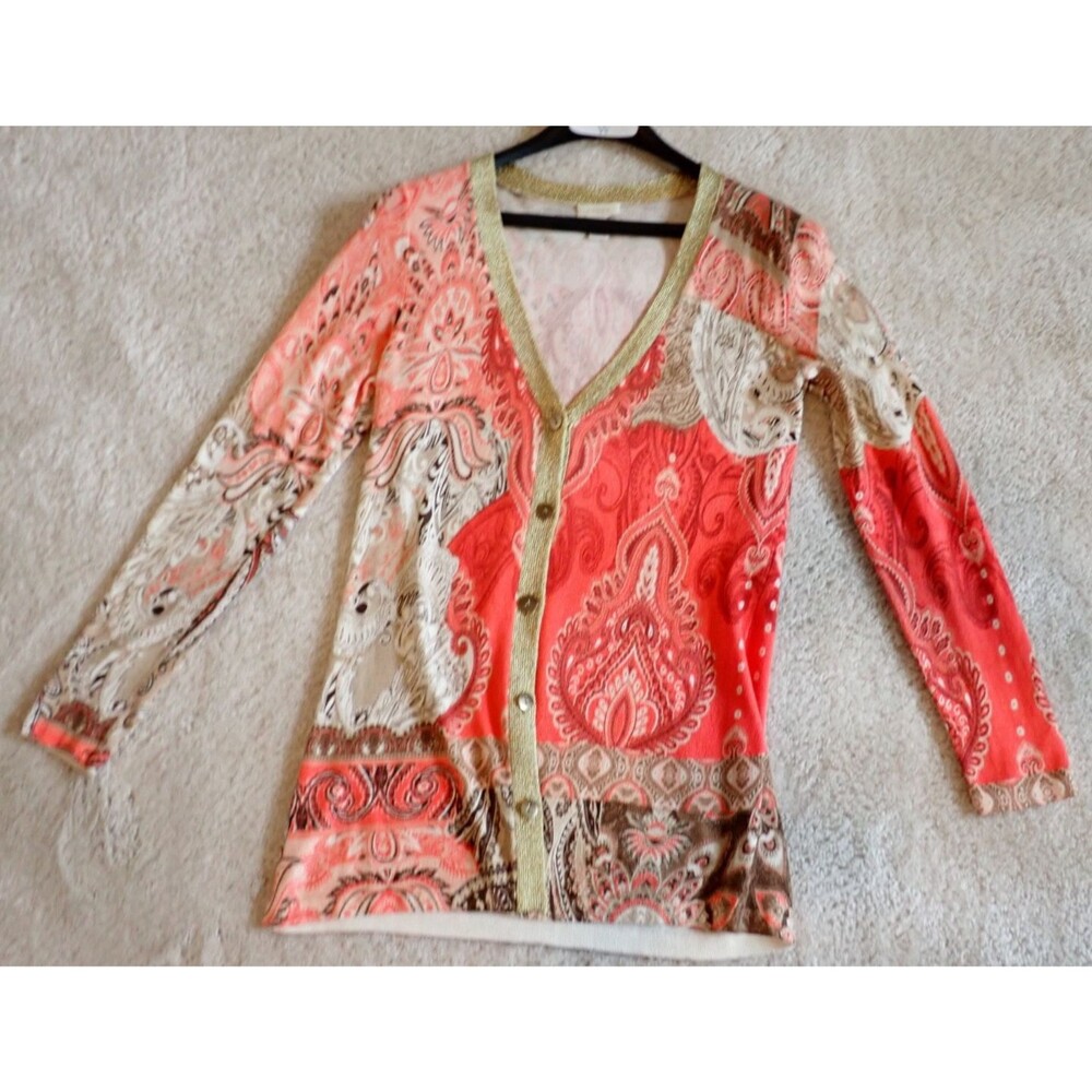 Chicos Cardigan Sweater Sz 0 Small Orange Brown Fall Gold Buttons & Lining Tunic